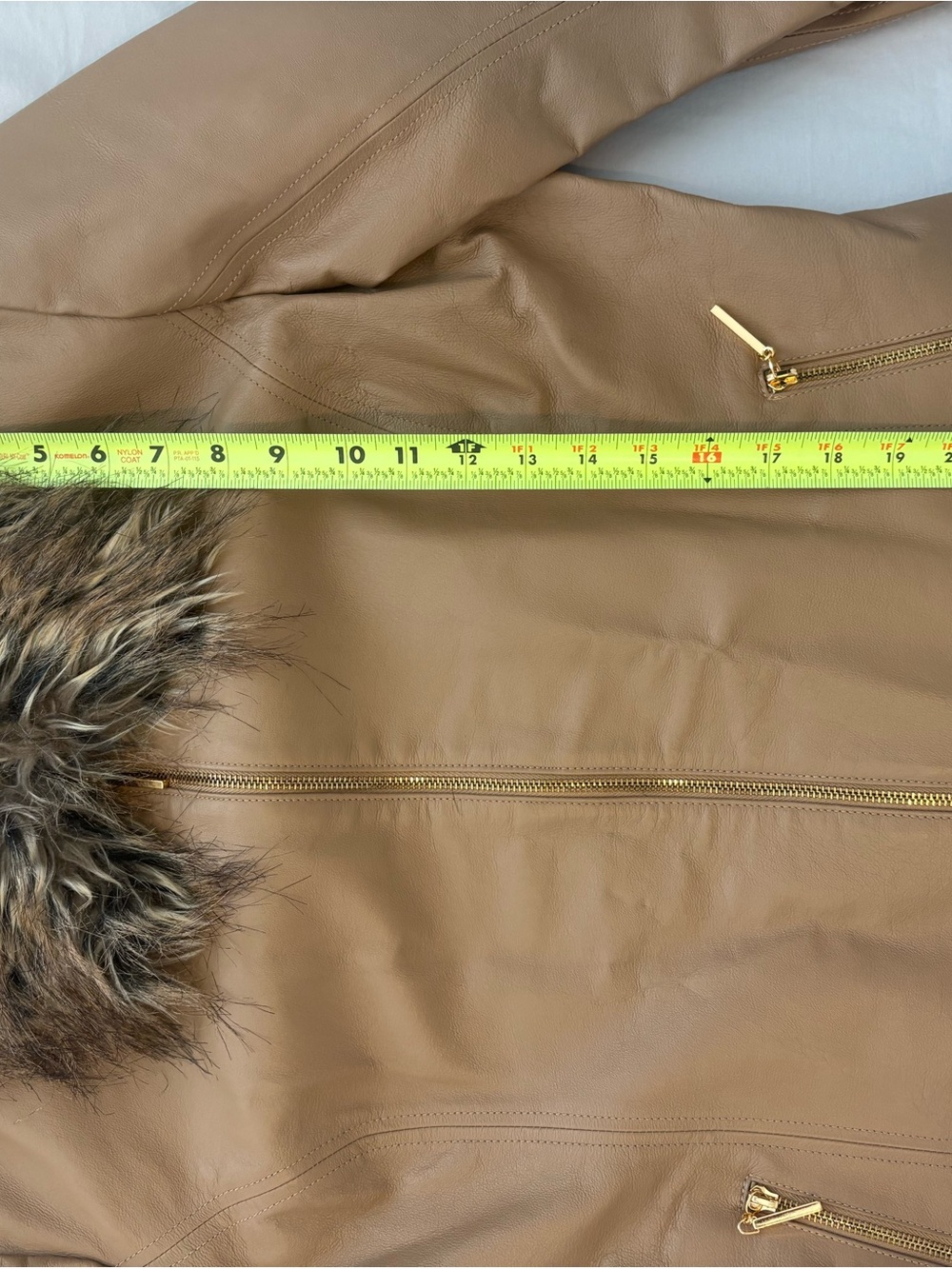 Terry Lewis Genuine Leather Jacket L Tan Faux Fur Collar Gold Zip Y2K - Picture 7 of 8